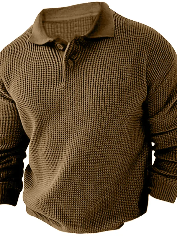 Men's Vintage Polo Quarter Button Up Lapel Collar Sweater 