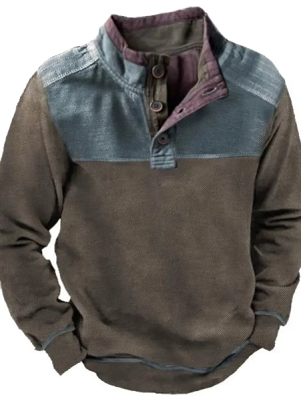 Men's Outdoor Colorblock Henley Stand Collar Sweatshirt 