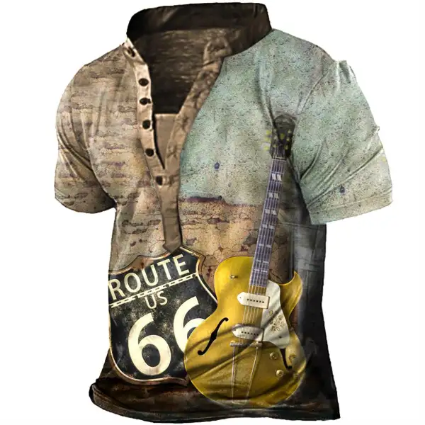 Plus Size Men's Vintage Route 66 Guitar Henley T-Shirt - Manlyhost.com 