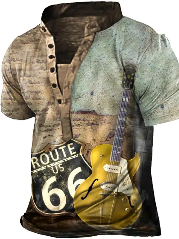 Plus Size Men's Vintage Route 66 Guitar Henley T-Shirt - Pragmaace.com 
