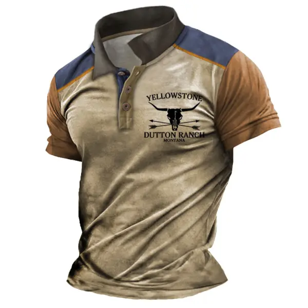 Plus Size Men's Vintage Yellowstone Skull Bull Contrast Polo Collar T-Shirt - Manlyhost.com 