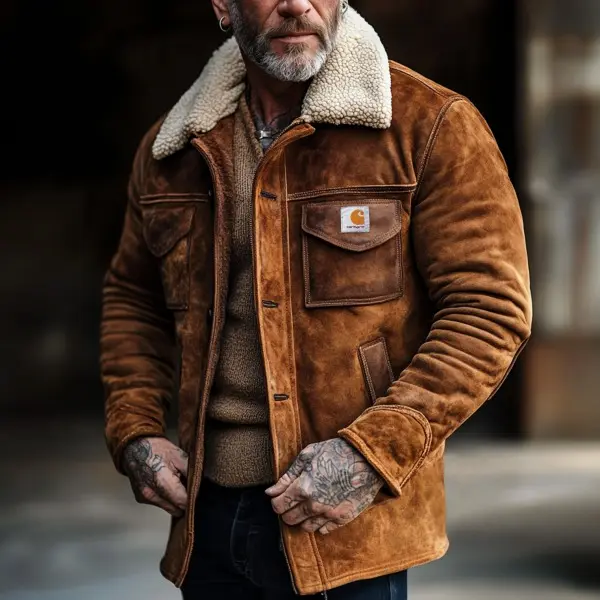 Carhartt Men's Vintage Brown Suede HeavyJacket With Shearling Collar - Rabclub.com 