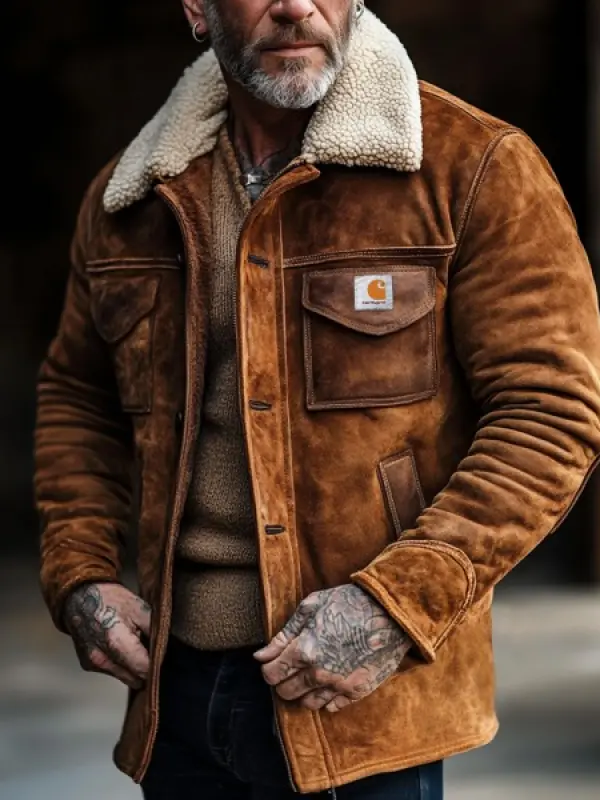 Carhartt Men's Vintage Brown Suede HeavyJacket With Shearling Collar - Menbarn.com 