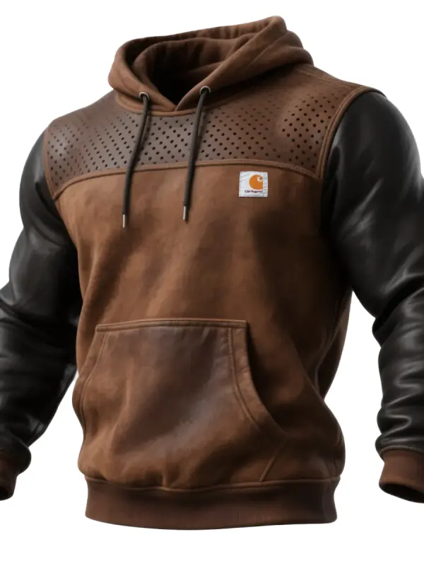 Carhartt Men's Vintage Brown Leather And Fleece Hoodie - Wantbright.com 