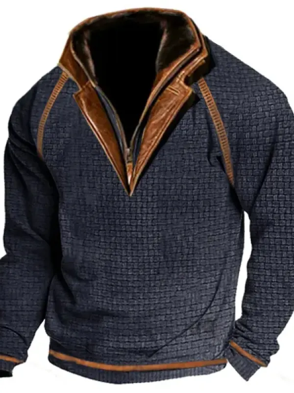 Men's Outdoor Casual Waffle Zip Polo Sweatshirt Double Layer Stand Collar Long Sleeve Vintage Contrast Tactical Pullover - Simplyion.com 