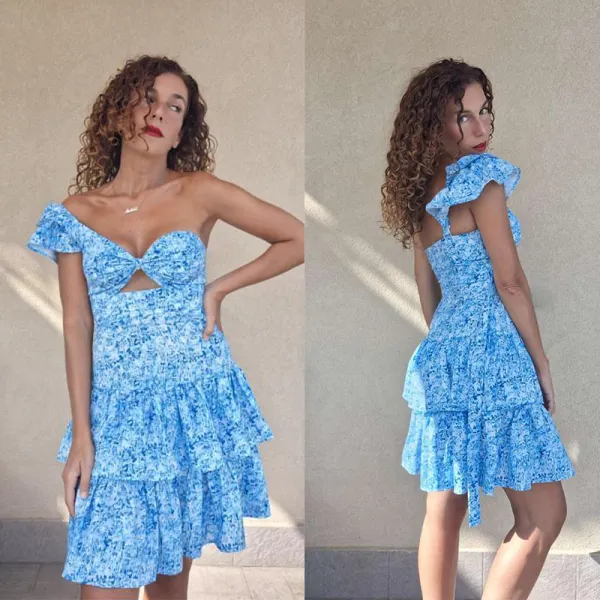 Hollow Asymmetrical Ruffle Sleeve Short Dress - Rabclub.com 