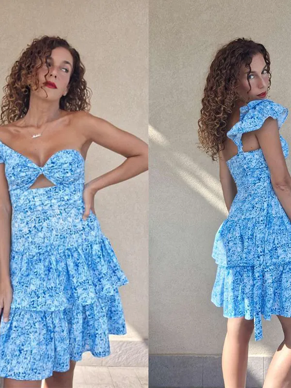 Hollow Asymmetrical Ruffle Sleeve Short Dress - Wantbright.com 