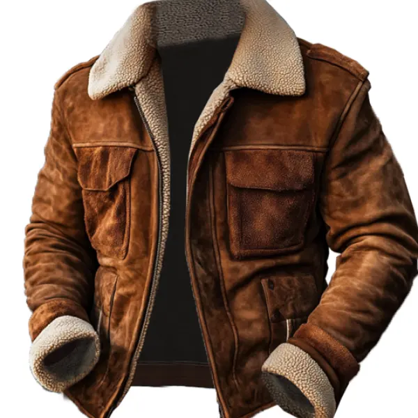 Men's Vintage Suede Patchwork Lamb Fleece Multi-Pocket Reverse Collar Outdoor Jacket - Rabclub.com 