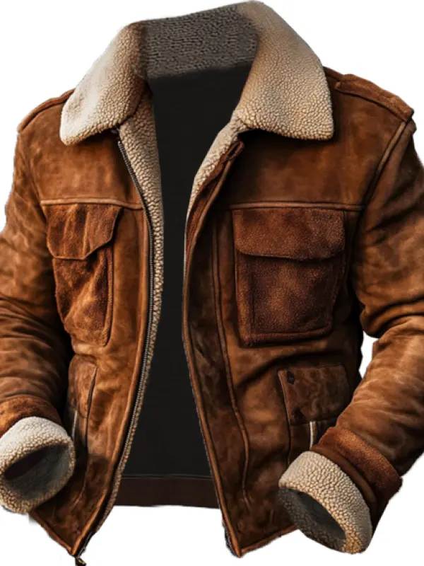 Men's Vintage Suede Patchwork Lamb Fleece Multi-Pocket Reverse Collar Outdoor Jacket - Menbarn.com 