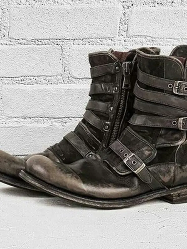 Retro Round Head Belt Buckle Side Zipper Thick Heel Men's Short Toe Cowboy Boots Oversize 44-48  