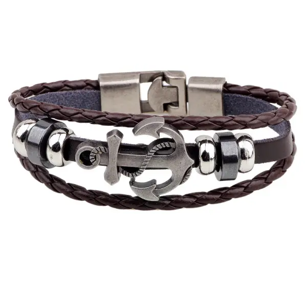 Cross-border foreign trade wish fashion anchor leather bracelet European and hand-woven multi-layer men's hand rope retro bracelet - Elementnice.com 