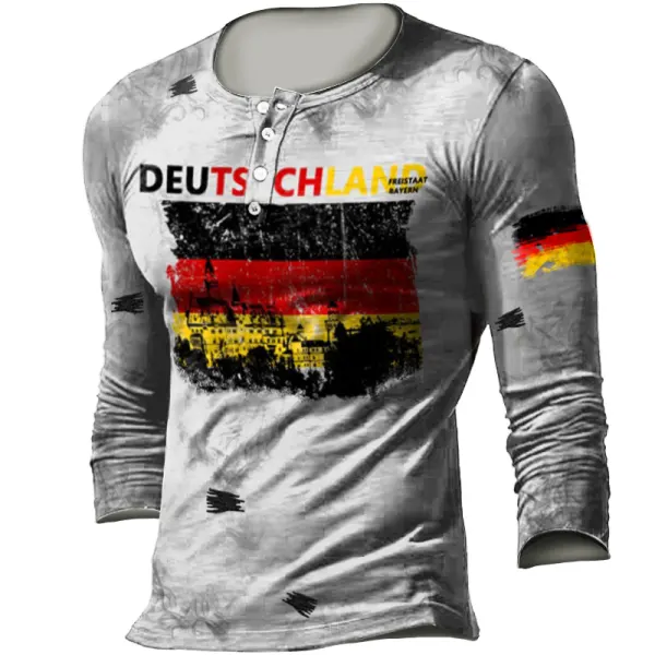 Men's German Neuschwanstein Castle Retro Print Tactical Casual Henley Shirt - Elementnice.com 