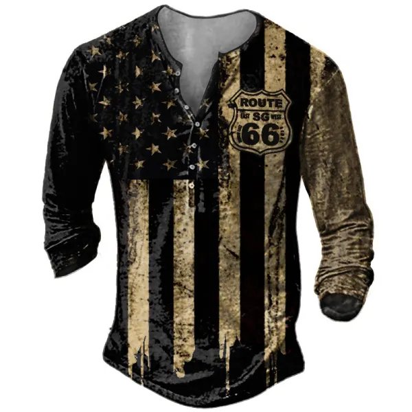 Men's American Flag Route 66 Vintage Henley Button Long-Sleeved Top 