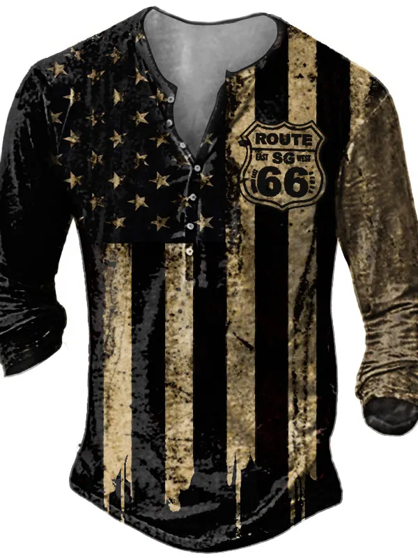 Men's American Flag Route 66 Vintage Henley Button Long-Sleeved Top 