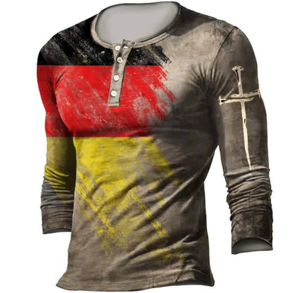 Men's Outdoor German Flag Cross Retro Print Tactical Casual Henley Shirt - Elementnice.com 
