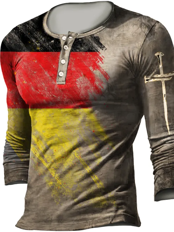 Men's Outdoor German Flag Cross Retro Print Tactical Casual Henley Shirt - Menbarn.com 