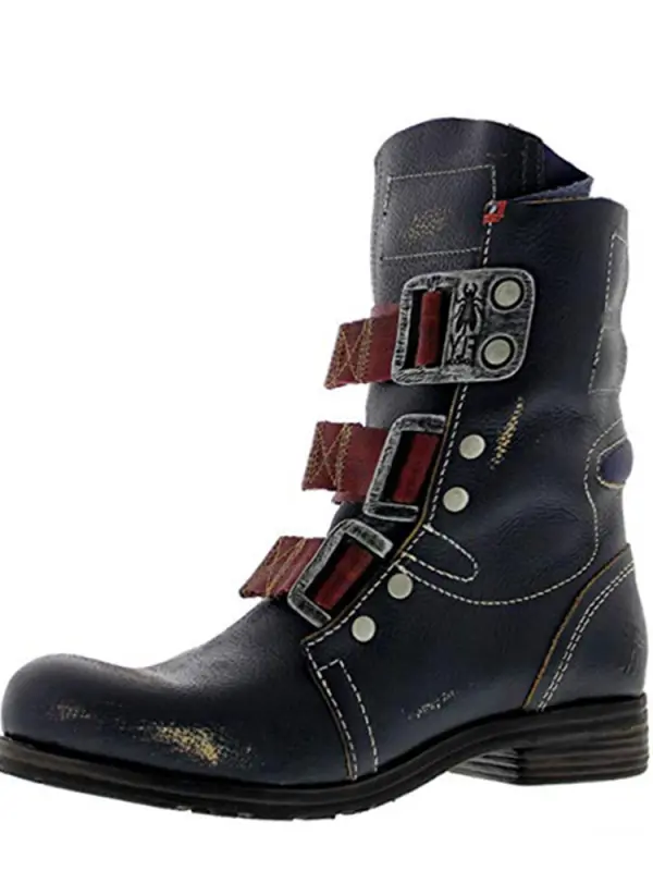 Men's Round Head Stitching Belt Buckle Set Foot Comfortable Thick Heel Casual Rivet Short Boots Motorcycle Boots - Pragmaace.com 