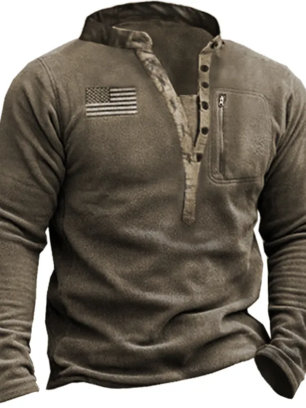 Men's Outdoor Fleece Warm Henley Collar Tactical Sweatshirt - Oasisjoy.com 