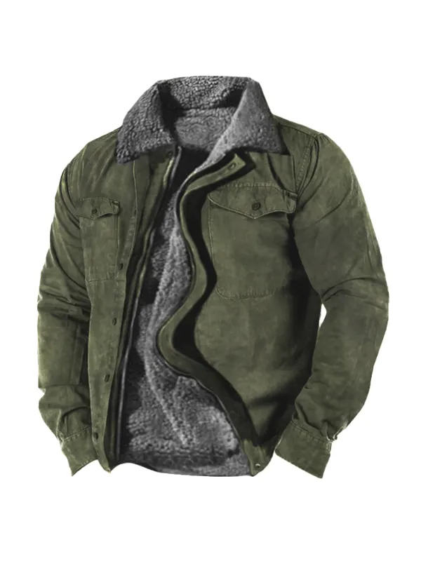 Men's Retro Lining Plus Fleece Zipper Tactical Shirt Jacket - Machoup.com 