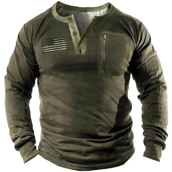 Men's Outdoor American Flag Vintage Henley Shirt - Wayrates.com 