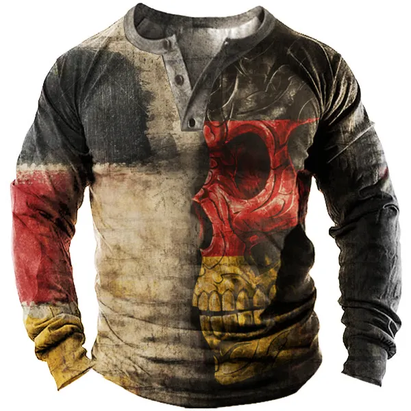 Men's Outdoor German Flag Skull Tactical Henley Collar T-shirt - Elementnice.com 