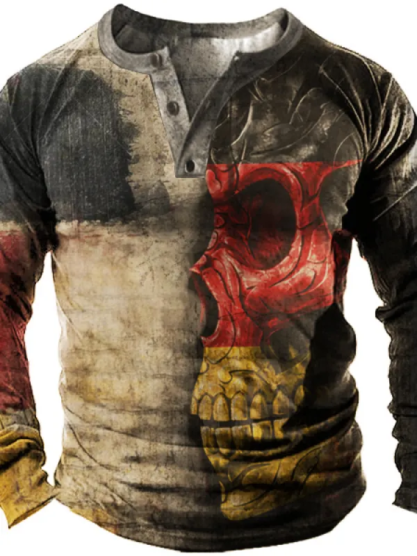 Men's Outdoor German Flag Skull Tactical Henley Collar T-shirt - Pragmaace.com 