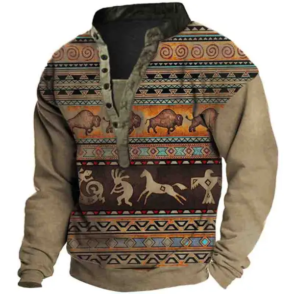Western Aztec Panttern Outdoor Vintage Henley Collar Sweatshirt 