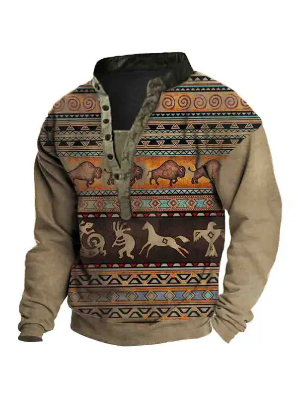 Men's Outdoor Vintage Western Aztec Henley Collar Sweatshirt - Viewbena.com 
