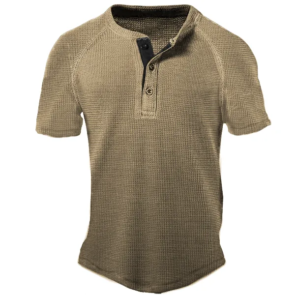Men's Outdoor Waffle Button Henley Short Sleeve T-Shirt - Cotosen.com 