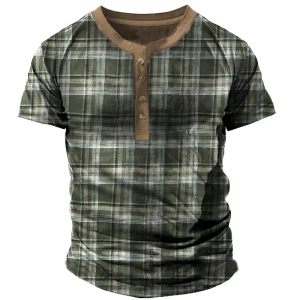 Men's Vintage Check Henley Tactical Casual T-Shirt - Cotosen.com 
