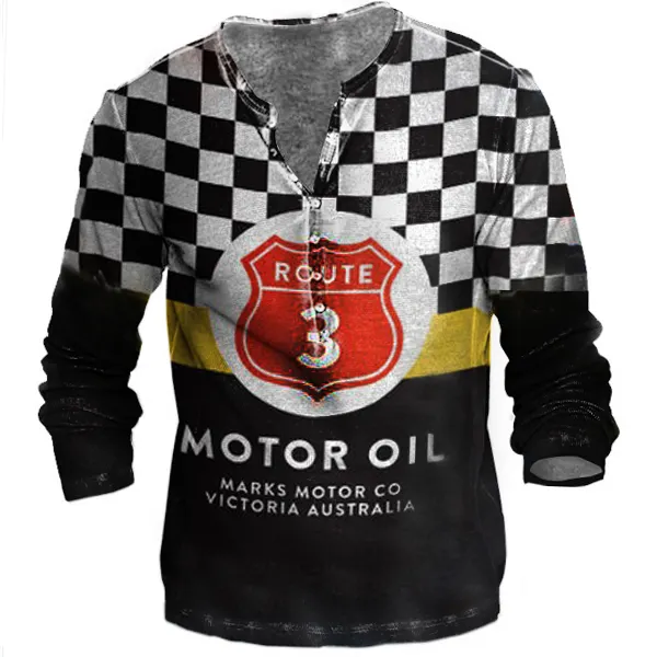 Race Car Can Vintage Motor Oil Men's Vintage Henley Long Sleeve T-Shirt - Upgradecool.com 