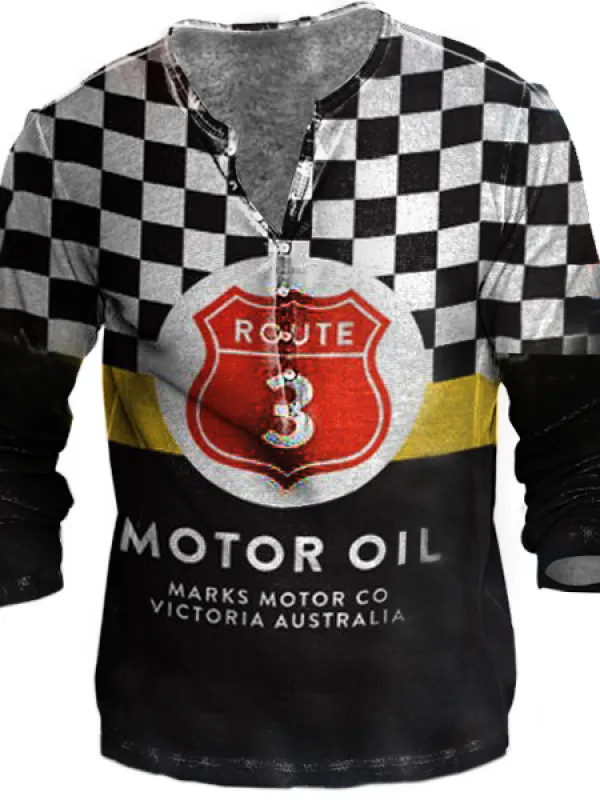 Race Car Can Vintage Motor Oil Men's Vintage Henley Long Sleeve T-Shirt - Menbarn.com 