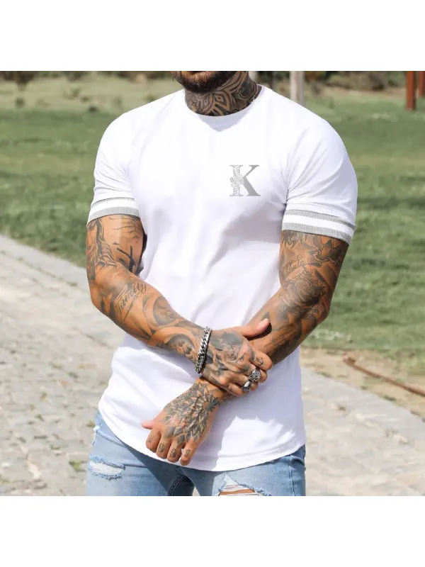 Men's Fashion K Print Color Matching Casual Slim Fit Short Sleeve T-Shirt - Viewbena.com 