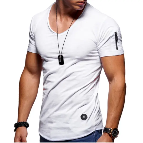 Men's Cuff Zipper Pocket Color Cotton Breathable T-Shirt - Ootdyouth.com 