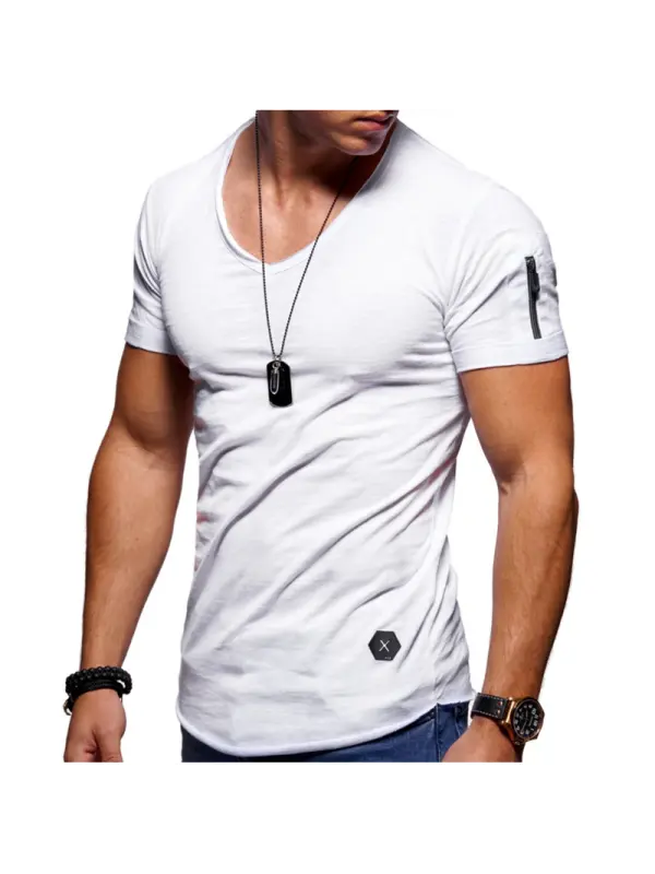 Men's Cuff Zipper Pocket Color Cotton Breathable T-Shirt - Ootdmw.com 