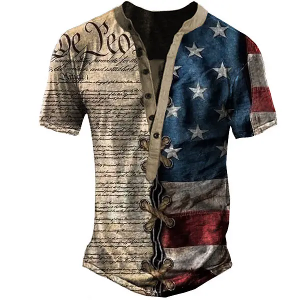 Camiseta Vintage Con Cuello Henley De La Bandera Estadounidense Para Hombre - Dozenlive.com 