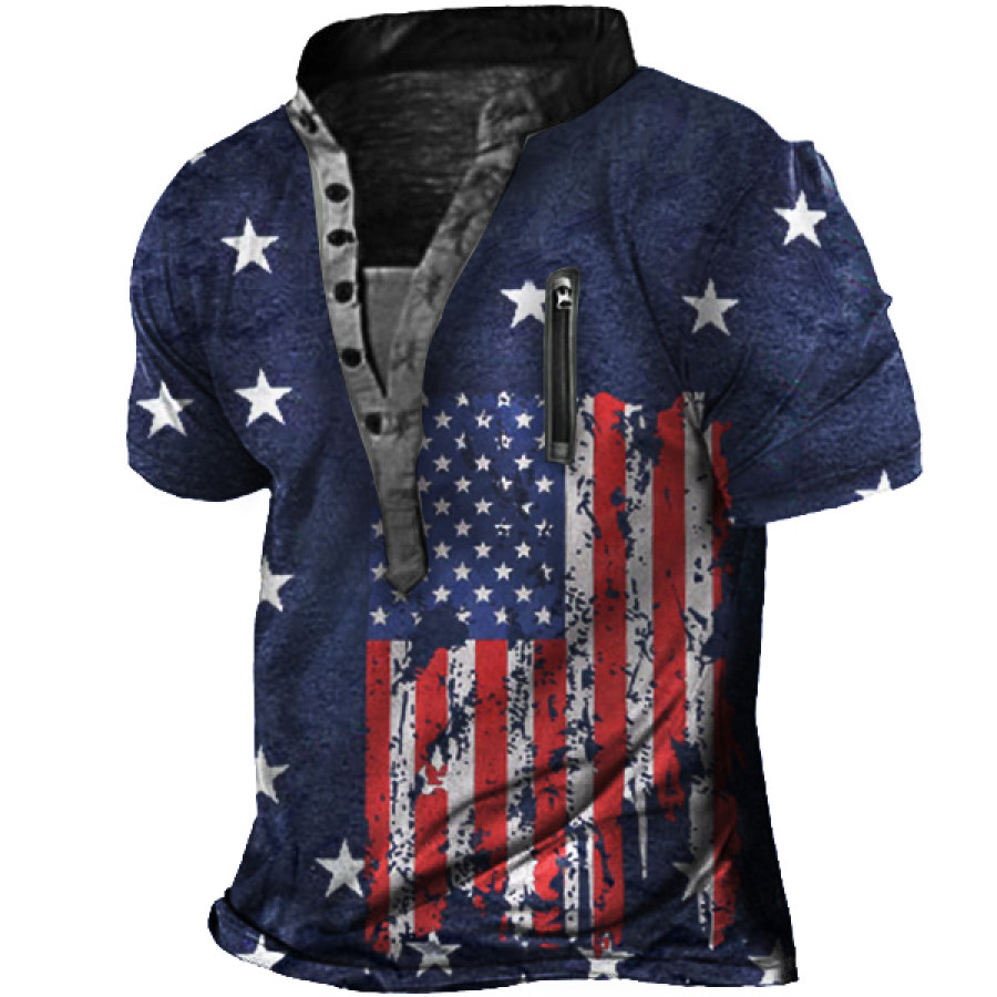 

American Flag Print Men's Outdoor Zip Retro Tactical Henley Short Sleeve T-Shirt