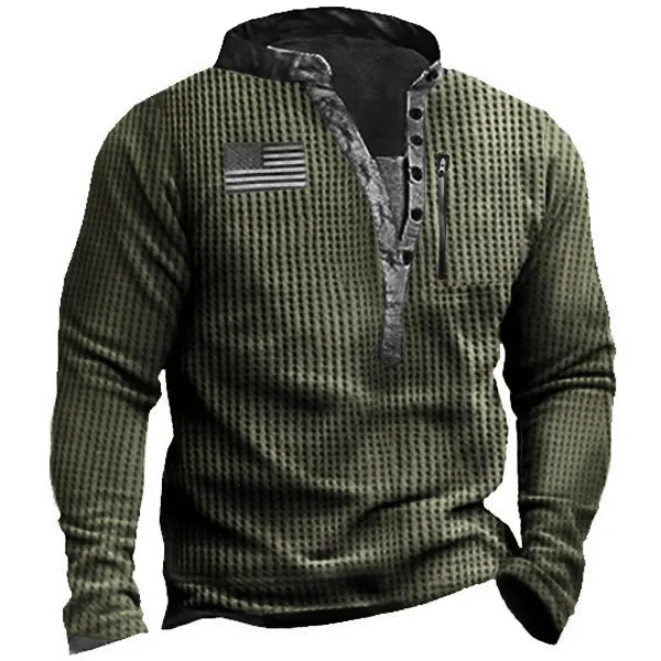 Waffle Fabric Men's Outdoor Zip Retro Print Tactical Henley Long Sleeve T-Shirt - Elementnice.com 