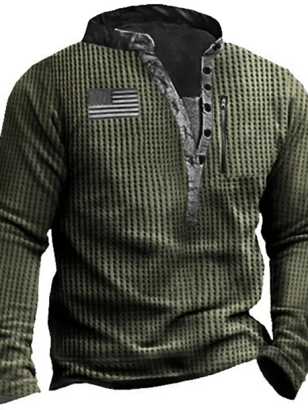Waffle Fabric Men's Outdoor Zip Retro Print Tactical Henley Long Sleeve T-Shirt - Pragmaace.com 