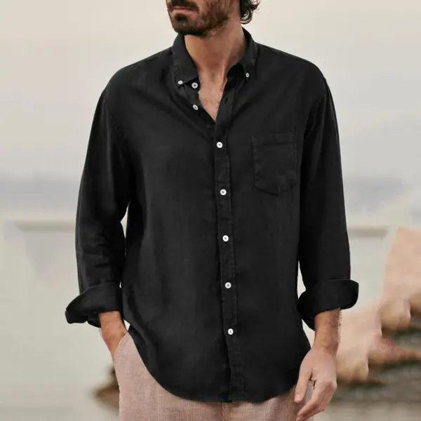 Men's Retro Casual Pocket Cotton Linen Men's Long Sleeve Shirt - Mobilittle.com 