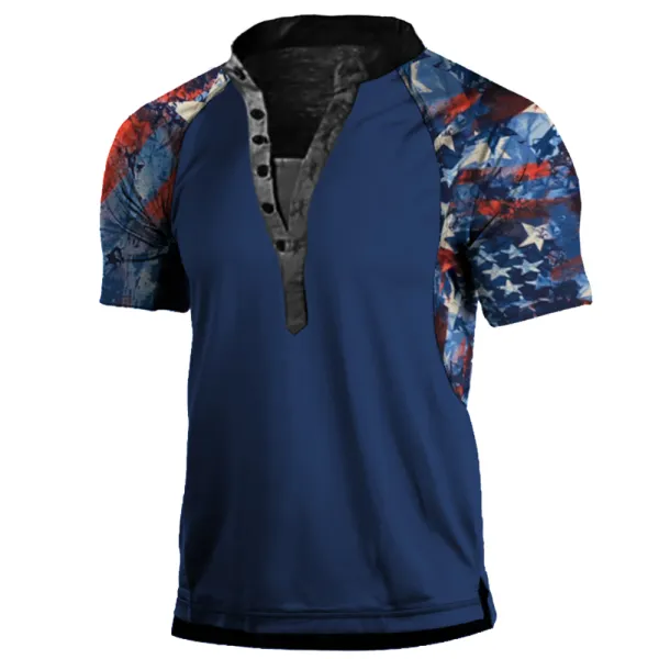 Men's American Flag Print Panel Henley Collar T-Shirt - Fineesa.chimpone.com 