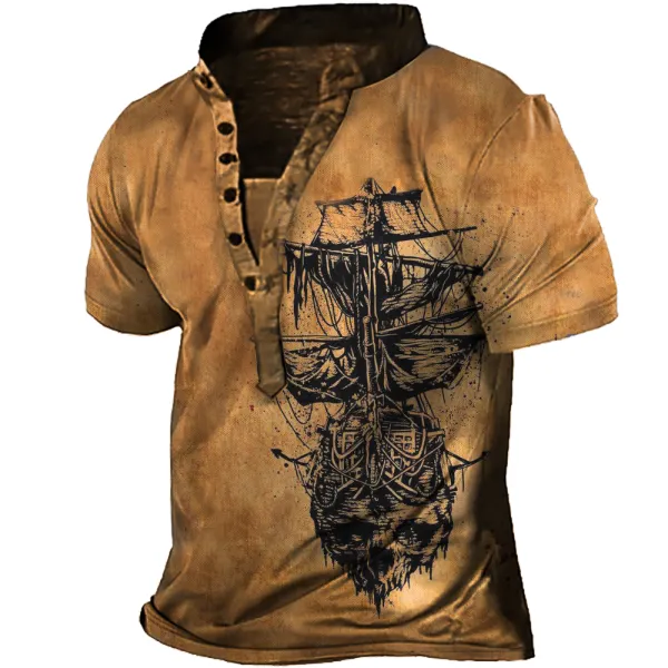 Men's Vintage Pirate Sailboat Print Henley Collar T-Shirt Only $27.89 - Wayrates.com 