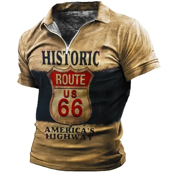 Men's Outdoor Route 66 Highway Zip Polo T-Shirt - Elementnice.com 