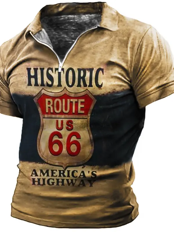 Men's Outdoor Route 66 Highway Zip Polo T-Shirt - Wantbright.com 