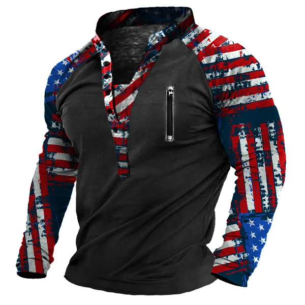 Men's Outdoor American Flag Print Henley Collar Long Sleeve T-Shirt - Honeylop.chimpone.com 