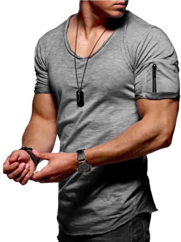 Men's Cuff Zipper Pocket Color Cotton Breathable T-Shirt - Wantbright.com 