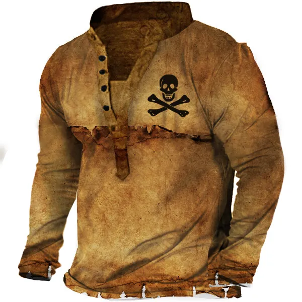 Nautical Skull Vintage Print Men's Henley Long Sleeve T-Shirt Only $17.89 - Wayrates.com 