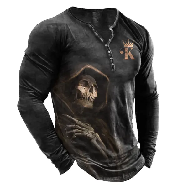 King Men's Crown Skull Reaper Print Long Sleeve Henry T-Shirt - Wayrates.com 