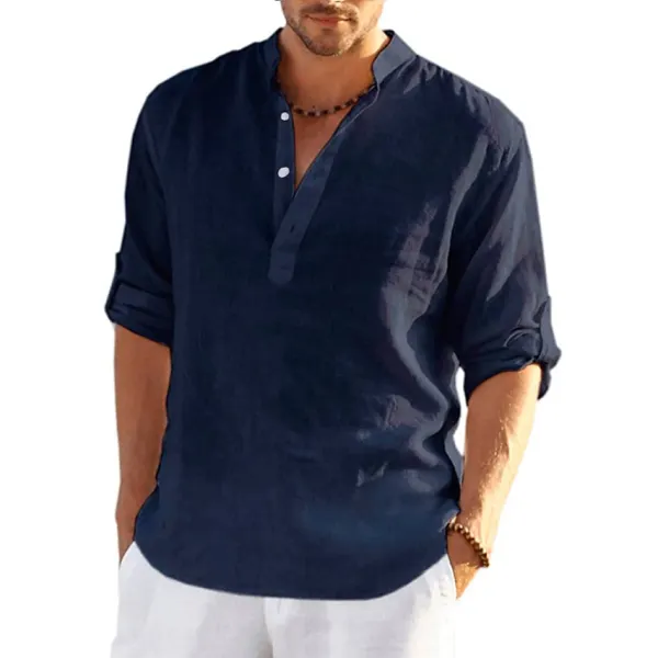 Men's Solid Color Casual Long Sleeve Cotton Linen Shirt - Elementnice.com 