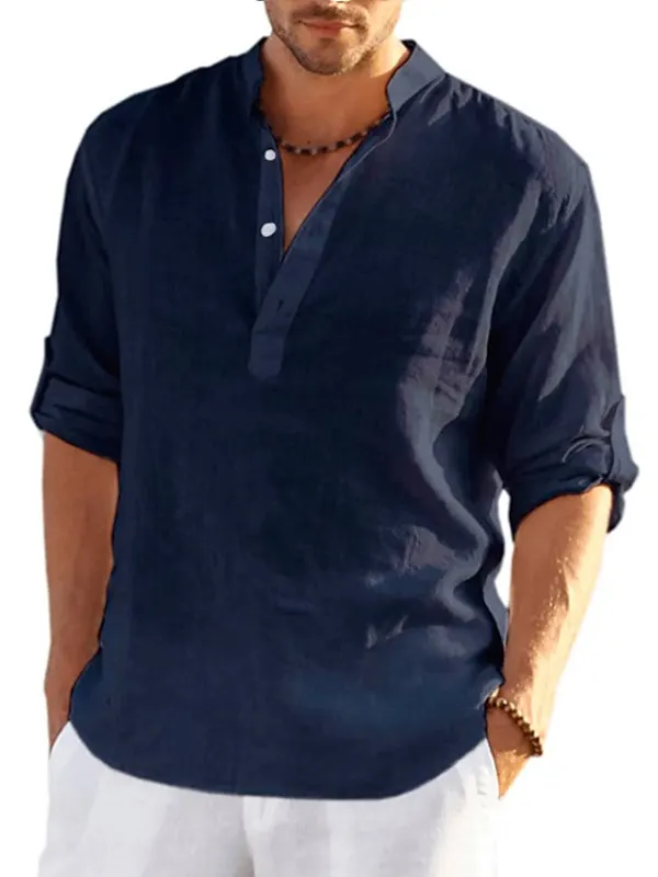 Men's Solid Color Casual Long Sleeve Cotton Linen Shirt - Pragmaace.com 